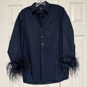 J. Crew Navy Poplin Feather Cuff Button Front Blouse